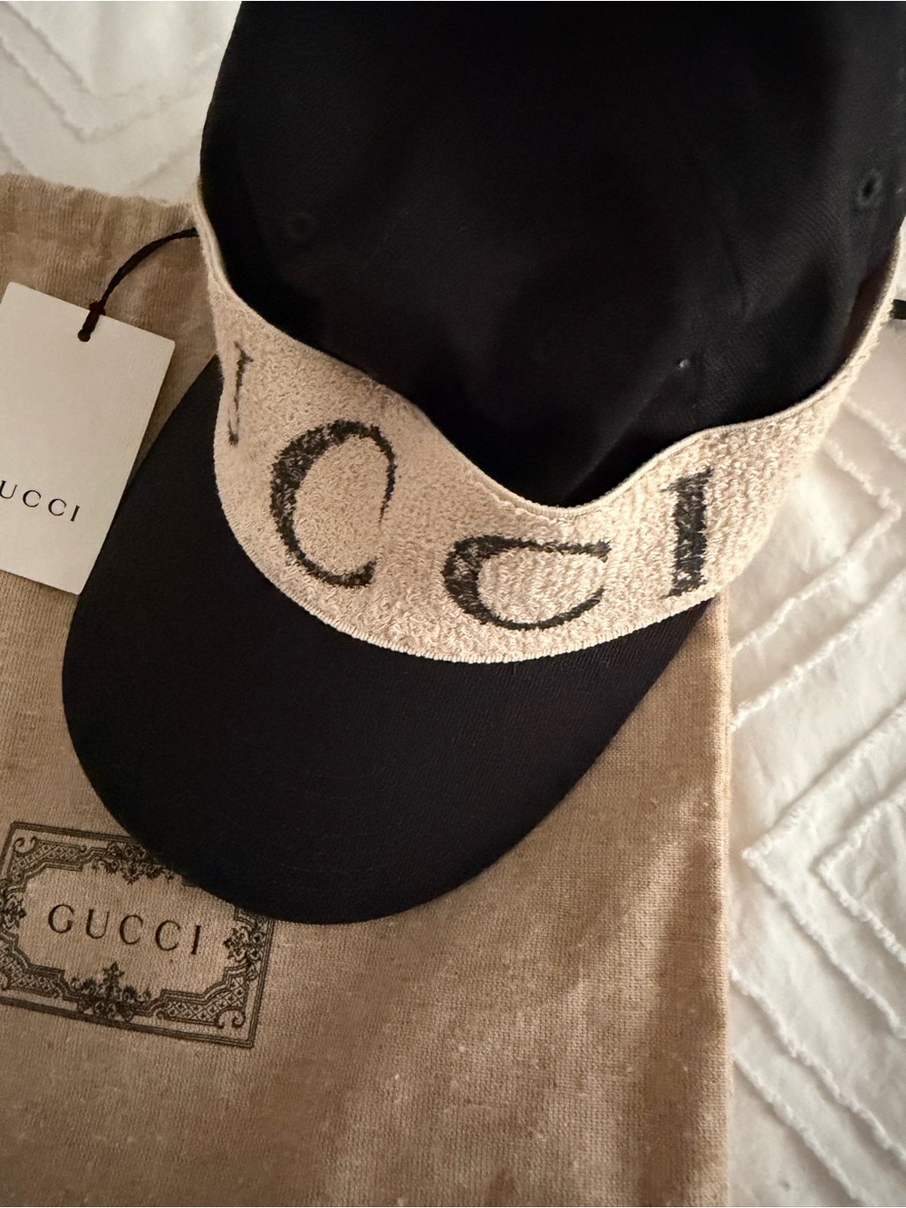 NEW Gucci Black Visor Cap with Beige Logo Band